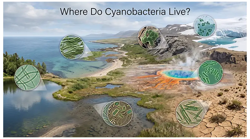 Cyanobacteria using sunlight for oxygenic photosynthesis and releasing oxygen into the surrounding water