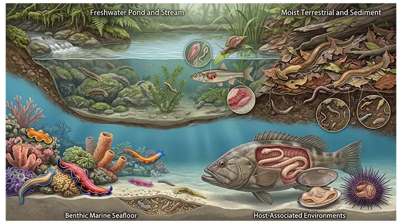 Platyhelminthes living in freshwater, marine environments, moist habitats, sediments, and animal hosts
