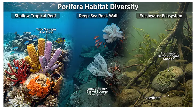 Porifera living in marine, freshwater, shallow coastal, reef, and deep-sea environments