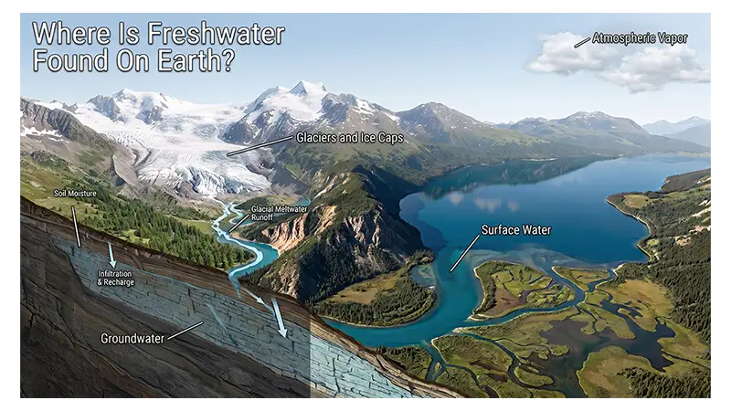 Freshwater stored in glaciers, groundwater, lakes, rivers, wetlands, and soil