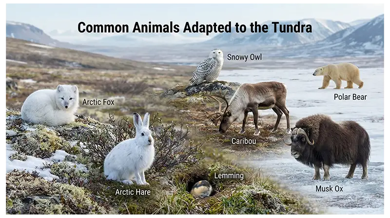 Tundra animals including Arctic fox, caribou, musk ox, Arctic hare, lemming, snowy owl, and polar bear