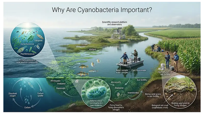 Cyanobacteria supporting aquatic ecosystems, carbon and nitrogen cycling, and modern scientific research