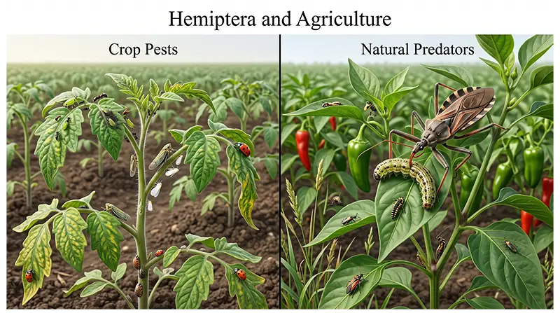 Hemiptera showing crop pests such as aphids and whiteflies alongside predatory insects used in natural pest control
