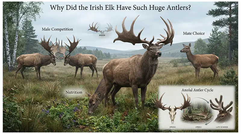 Irish elk males displaying enormous antlers during competition and mating behavior