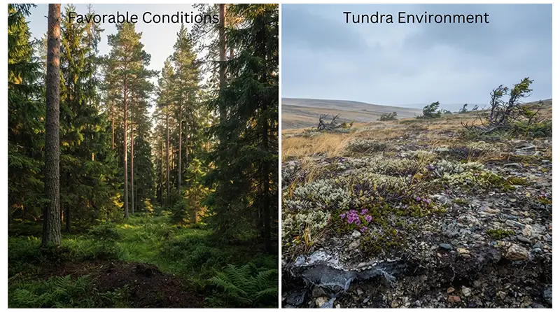 Treeless tundra compared with forest showing cold temperatures, shallow soil, wind, and frozen ground