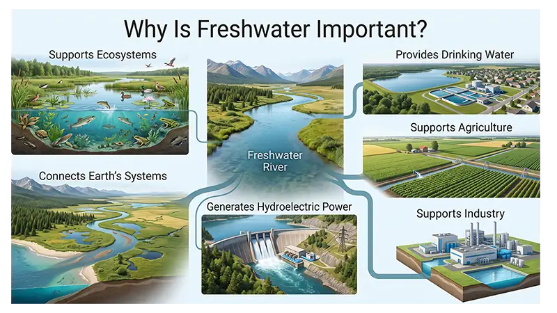 Freshwater supporting ecosystems, drinking water, agriculture, industry, hydropower, and Earth systems