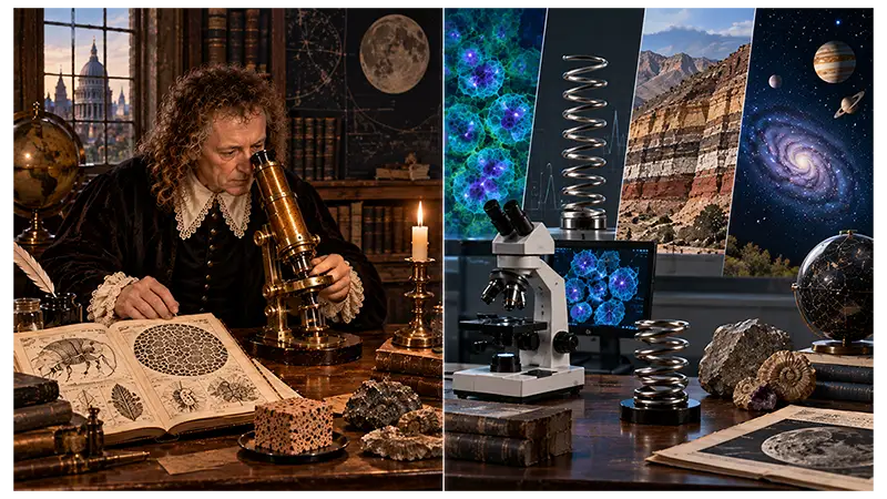 Robert Hooke's scientific legacy connecting microscopy, cells, physics, geology, and astronomy