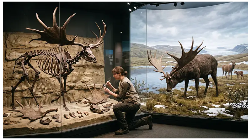 Irish elk fossils, giant antlers, skeleton, and paleontological research showing the species' evolutionary and ecological importance