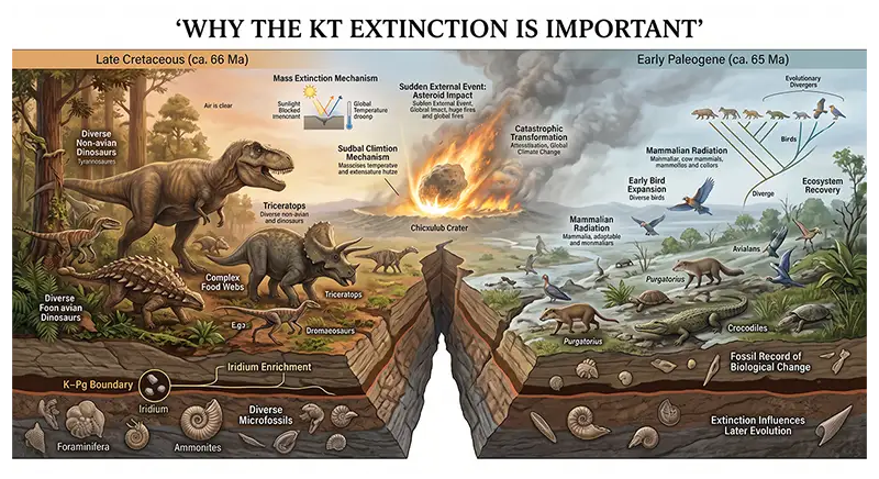 K–Pg boundary fossils and geological layers showing the KT Extinction's importance to evolution and Earth history