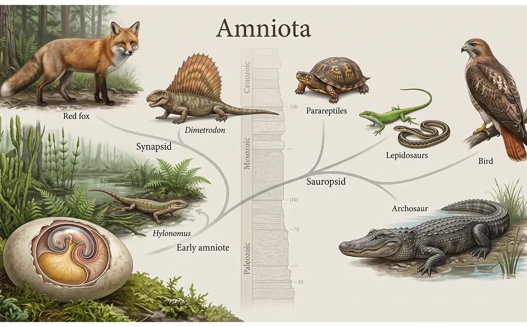 Amniota showing an early amniote, amniotic egg, reptiles, birds, and mammals