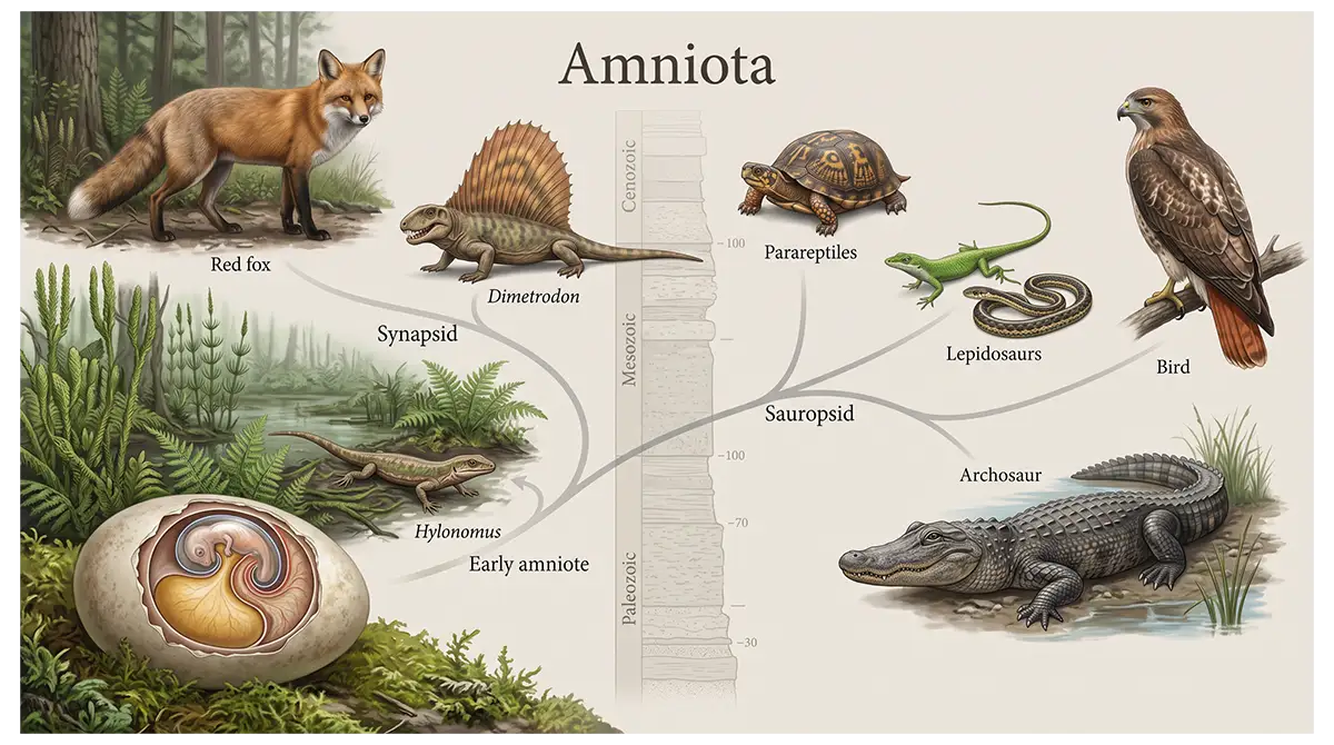 Amniota showing an early amniote, amniotic egg, reptiles, birds, and mammals