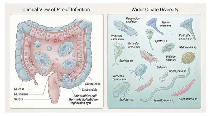 Balantioides coli, a disease-associated ciliate, illustrated alongside the human large intestine.