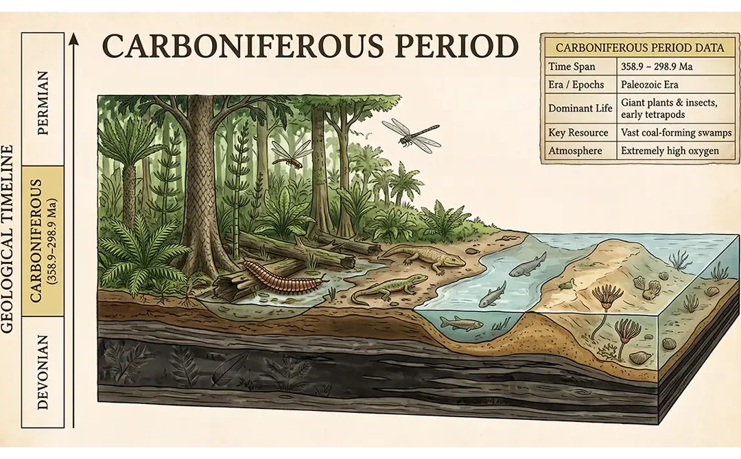 Carboniferous Period showing coal-forming forests, giant arthropods, amphibians, and early reptiles