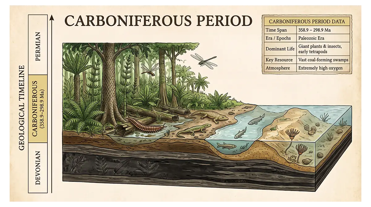 Carboniferous Period showing coal-forming forests, giant arthropods, amphibians, and early reptiles