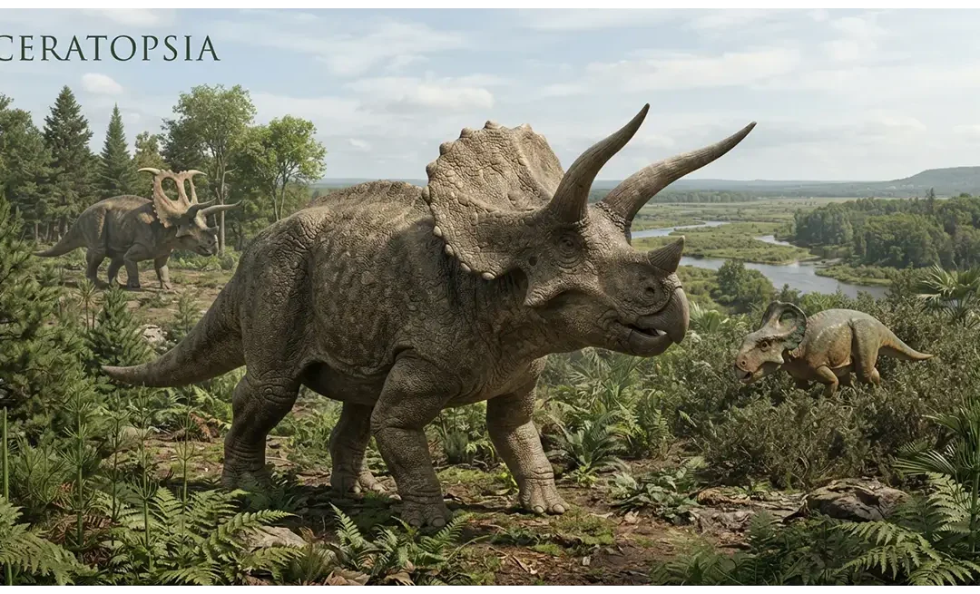 Ceratopsia showing diverse horned dinosaurs including Triceratops in a Cretaceous landscape
