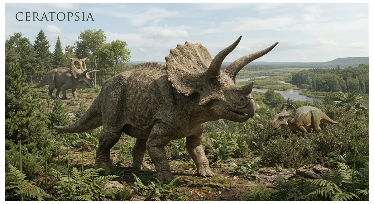 Ceratopsia showing diverse horned dinosaurs including Triceratops in a Cretaceous landscape