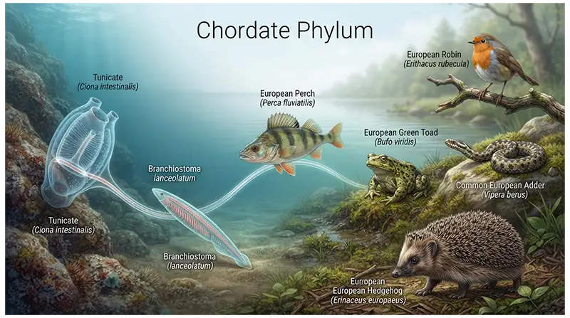 Chordate phylum showing tunicates, lancelets, fish, amphibians, reptiles, birds, and mammals