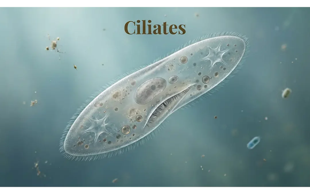 Paramecium showing the cilia and cell shape characteristic of ciliates.