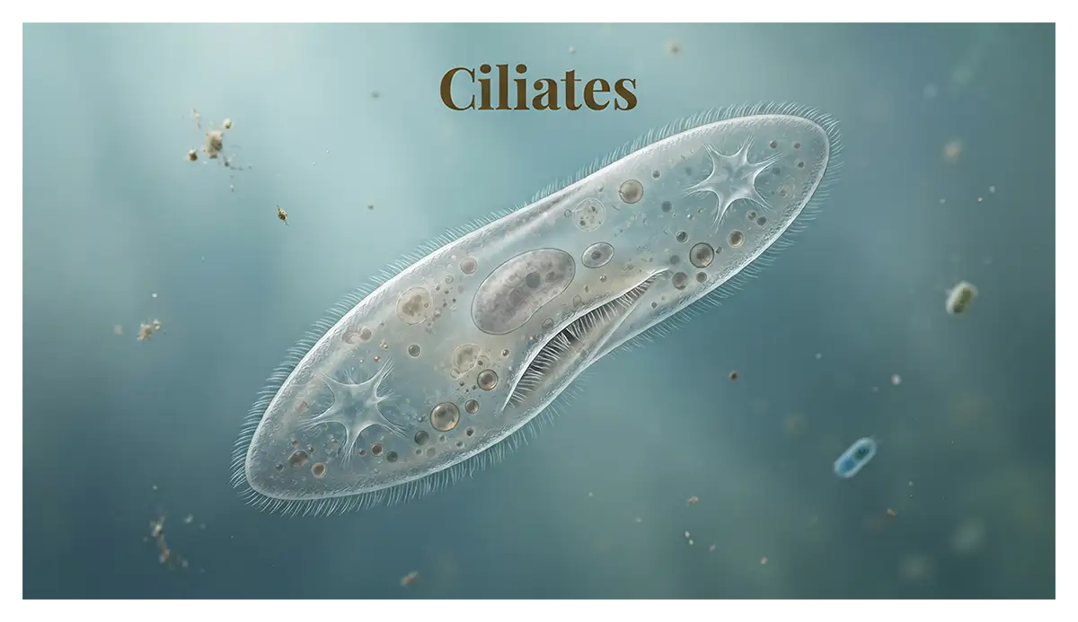 Paramecium showing the cilia and cell shape characteristic of ciliates.