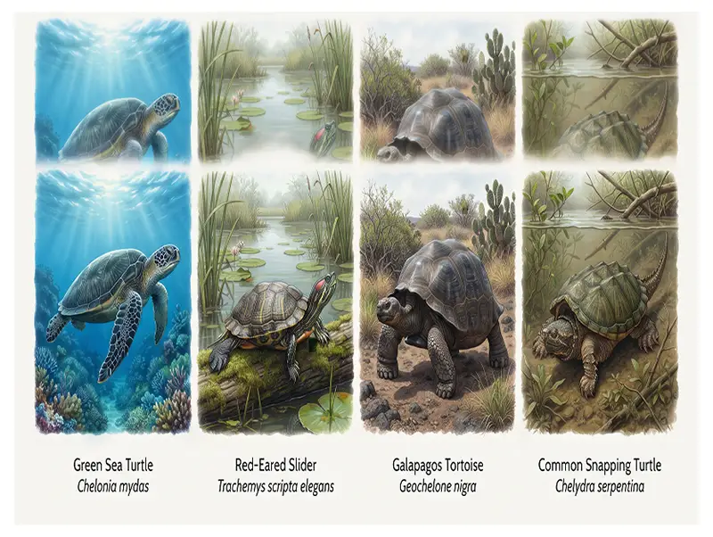 Different types of turtles illustrating the major living groups within Testudines.