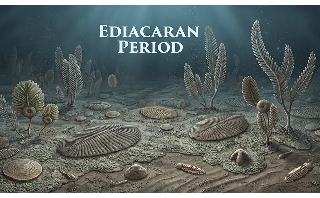 Ediacaran marine seafloor showing soft-bodied organisms, frond-like life forms, and microbial mats
