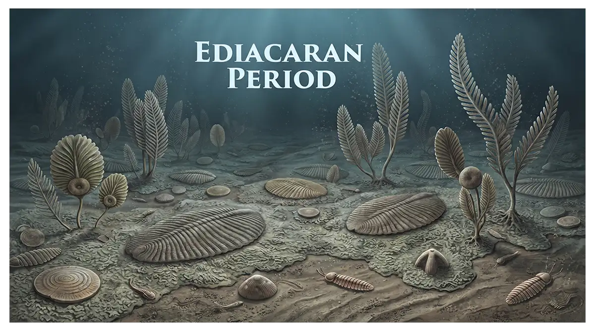 Ediacaran marine seafloor showing soft-bodied organisms, frond-like life forms, and microbial mats