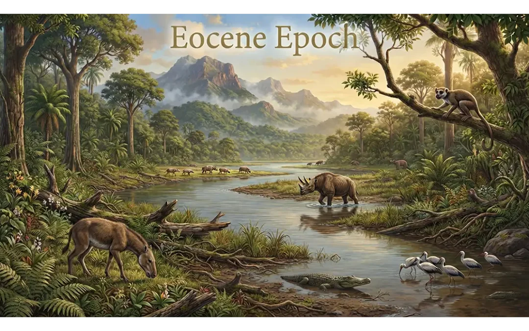 Eocene Epoch landscape with prehistoric mammals in a lush ancient forest.