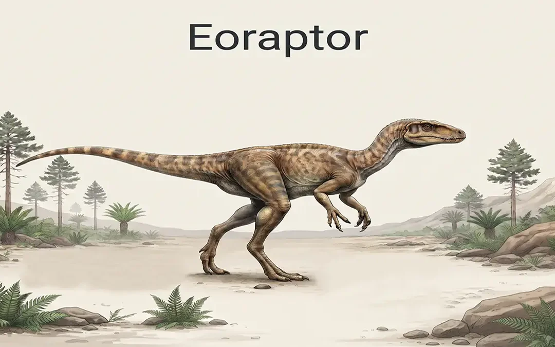 Illustration of Eoraptor, a small early dinosaur that lived in Argentina during the Late Triassic Period about 230 million years ago.
