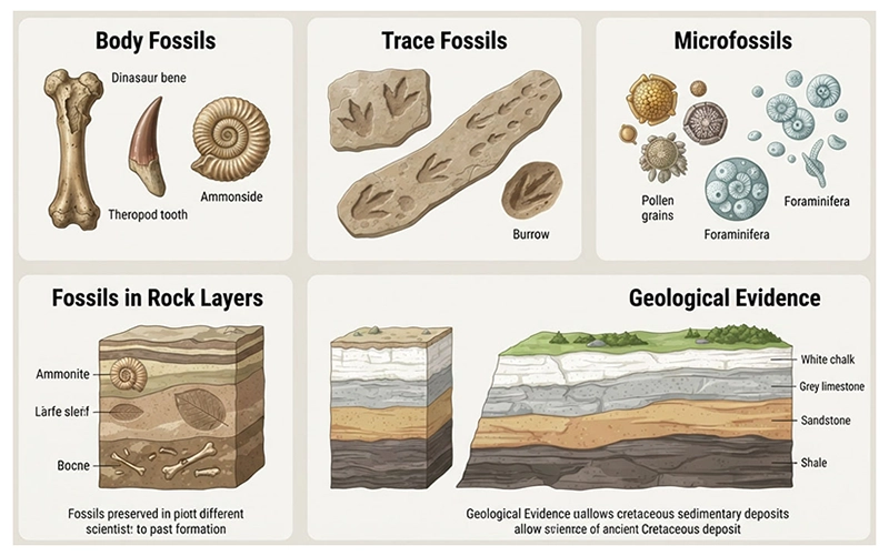 Cretaceous ammonite, fossilized bone, and plant impressions preserved in rock