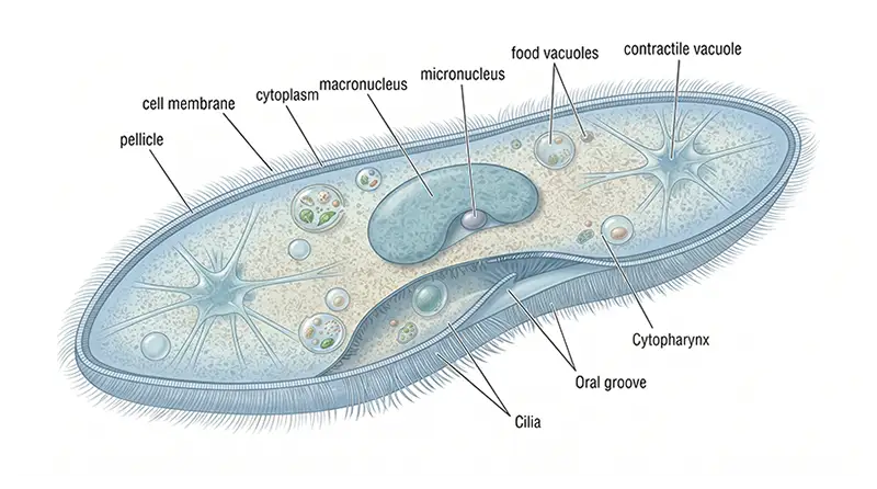 Diagram of a ciliate showing the macronucleus, micronucleus, food vacuoles, contractile vacuole, and oral groove.