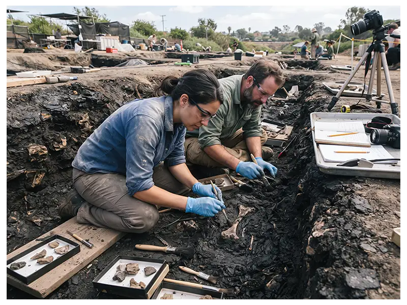Paleontologists carefully excavating fossil bones from asphalt-rich sediment at a research site.