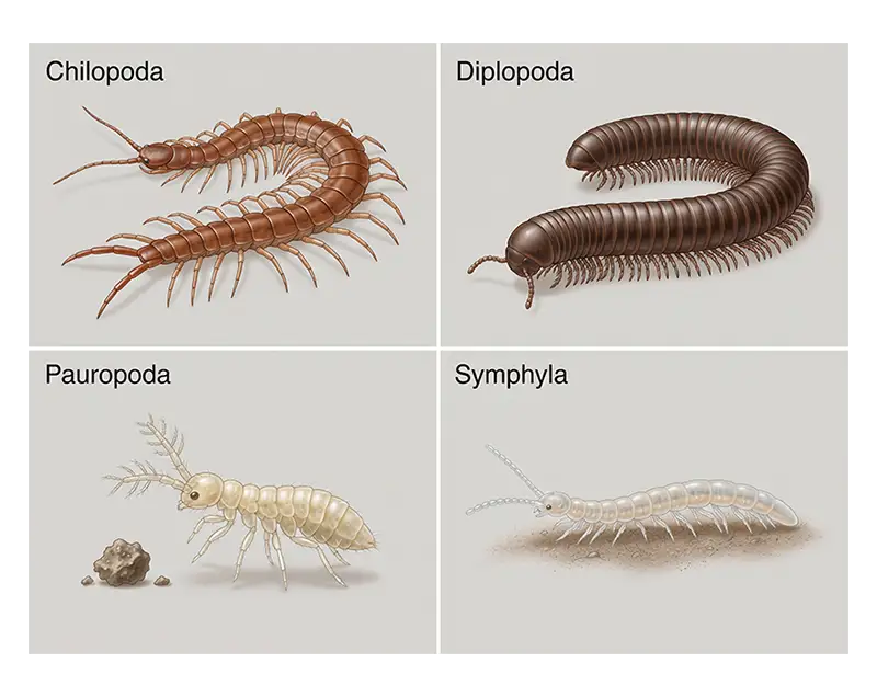 Four classes of Myriapoda: centipedes, millipedes, pauropods, and symphylans