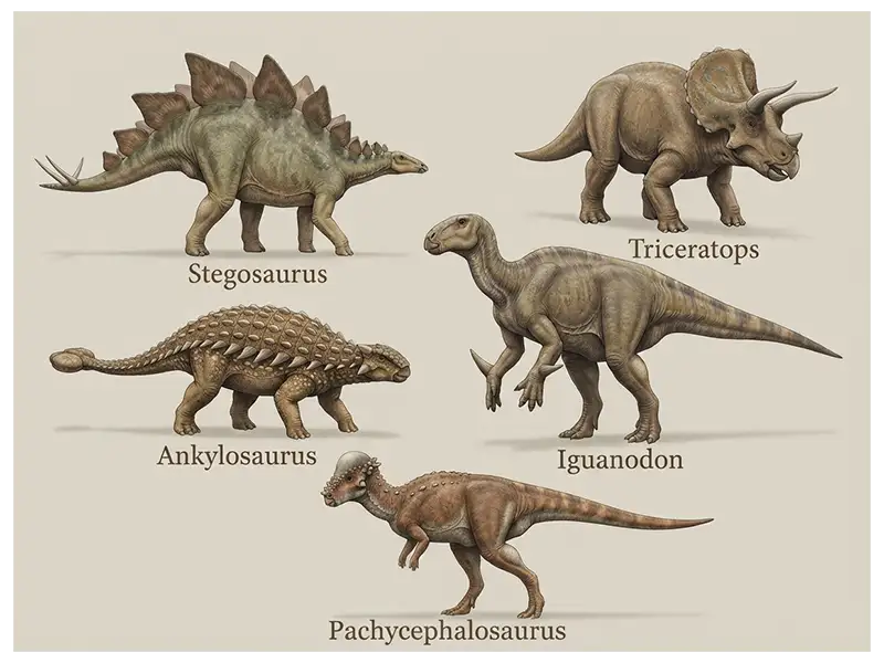 Representative armored dinosaurs, ornithopods, ceratopsians, and pachycephalosaurs.