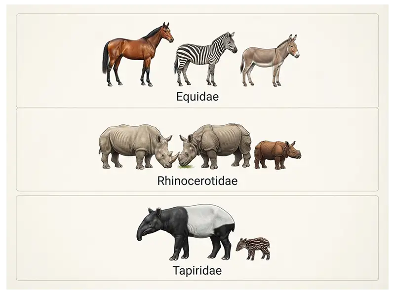 Classification of living Perissodactyla showing Equidae, Rhinocerotidae, and Tapiridae