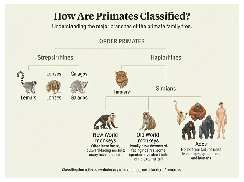 Infographic showing primate classification, including strepsirrhines, tarsiers, New World monkeys, Old World monkeys, apes, and humans.