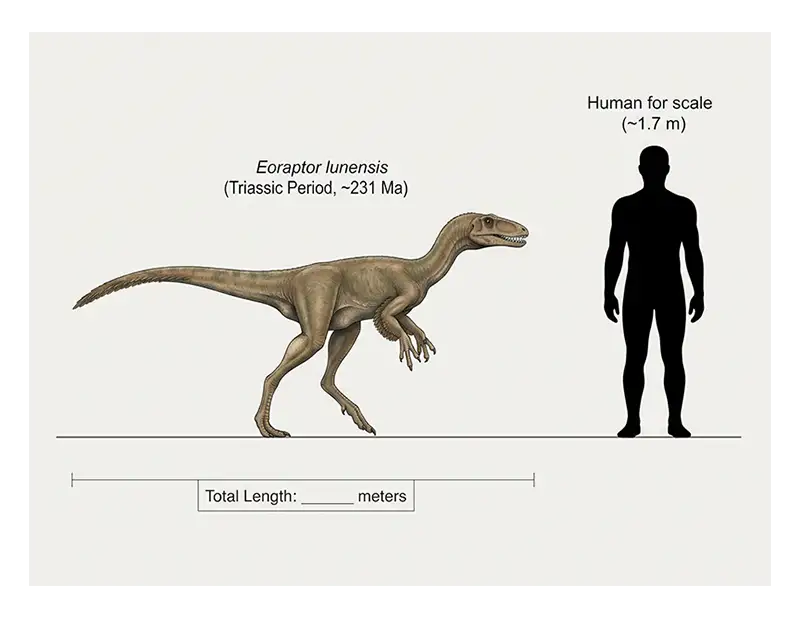 Size comparison showing Eoraptor, approximately 1 to 1.5 metres long, beside a human silhouette.