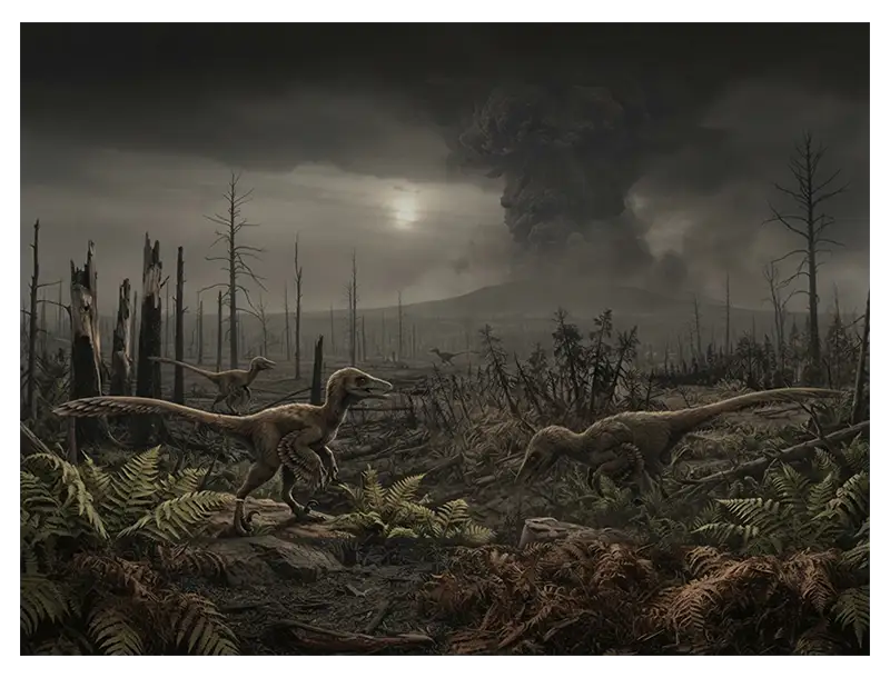 Late Cretaceous landscape showing environmental disruption during the mass extinction