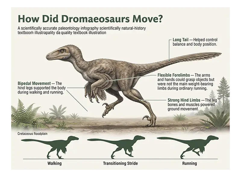 Feathered dromaeosaur running on two legs with its tail extended