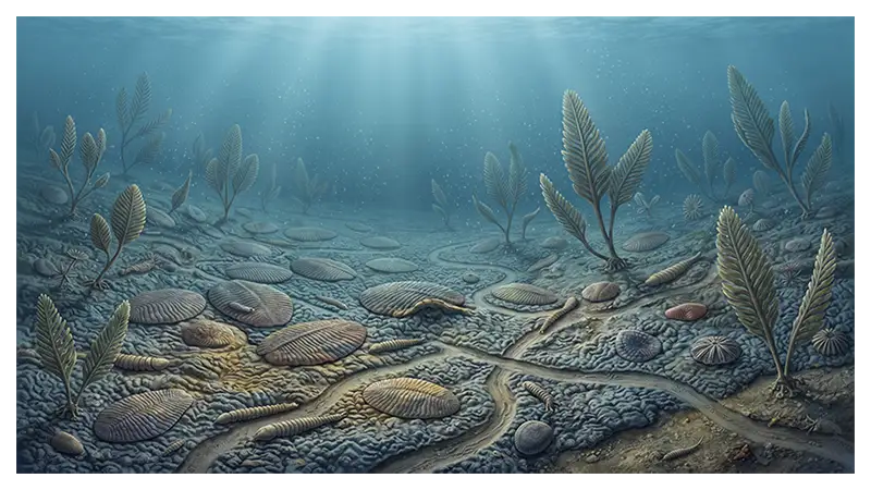 Reconstruction of Ediacaran organisms attached to the seafloor, resting on microbial mats, and leaving surface trails.