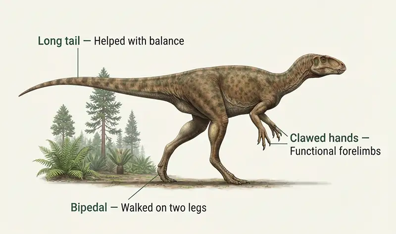 Heterodontosaurus walking on two legs with its tail extended
