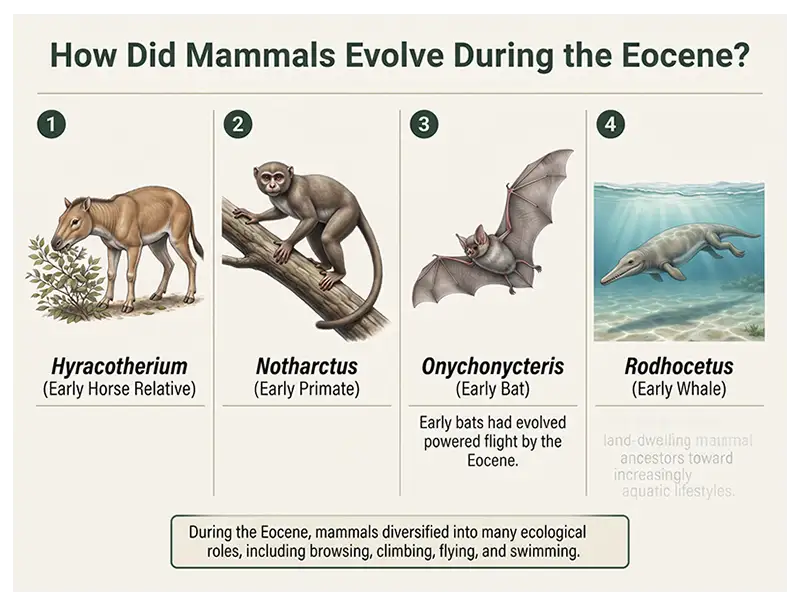 Infographic showing Eocene mammal adaptations in early horse relatives, primates, bats, and early whales.