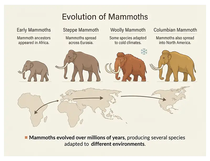 Branching diagram showing mammoth evolution from early African species to later mammoths across Eurasia and North America.