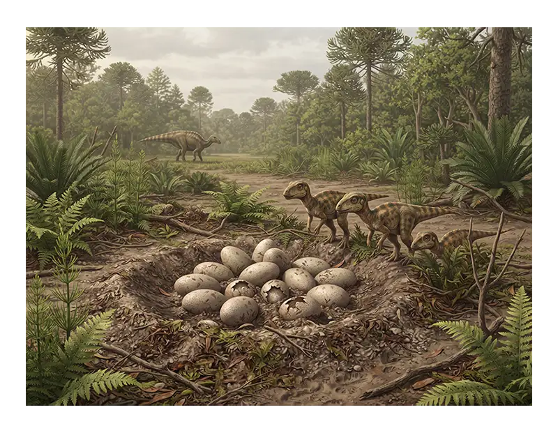 Dinosaur eggs and hatchlings in a reconstructed ornithischian nesting environment.