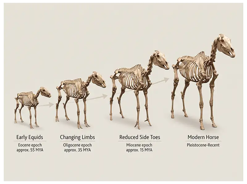 Selected stages of equid evolution showing changes in body size, limbs, and toe structure