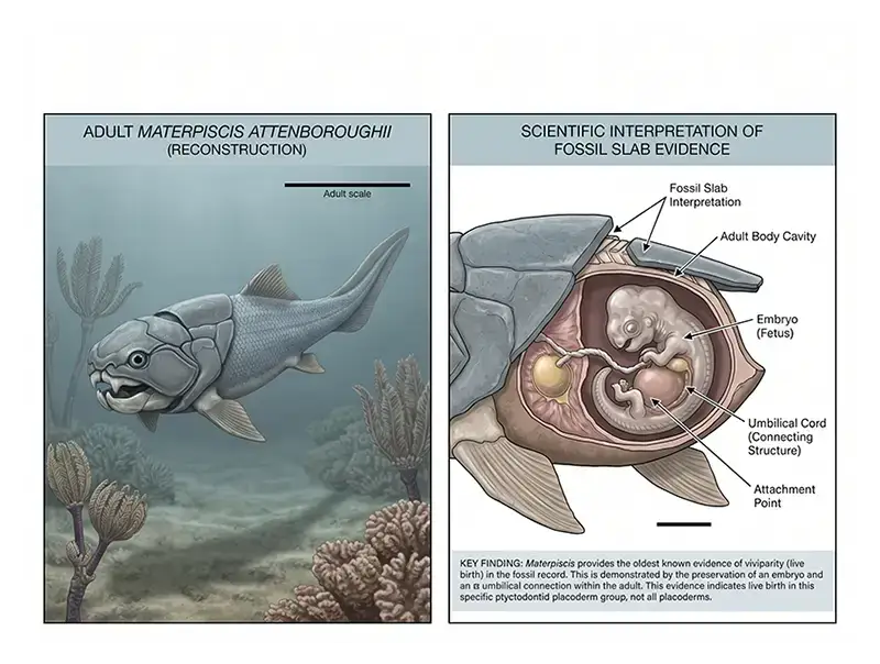 Scientific illustration explaining the fossil evidence for an embryo preserved with an adult Materpiscis placoderm.