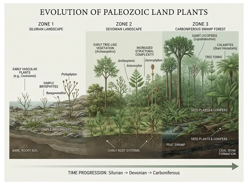 Paleozoic plant evolution from early land plants to extensive Carboniferous forests