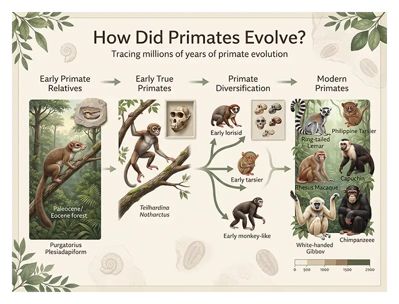 Infographic illustrating primate evolution from early primate relatives through diversification into modern lemurs, tarsiers, monkeys, and apes