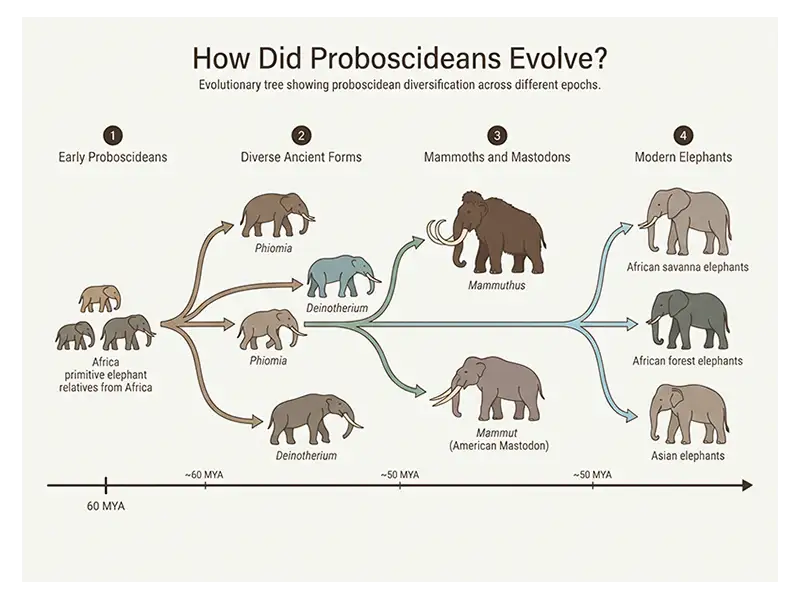 Evolutionary tree illustrating the diversification of early proboscideans, mammoths, mastodons, and modern elephants.