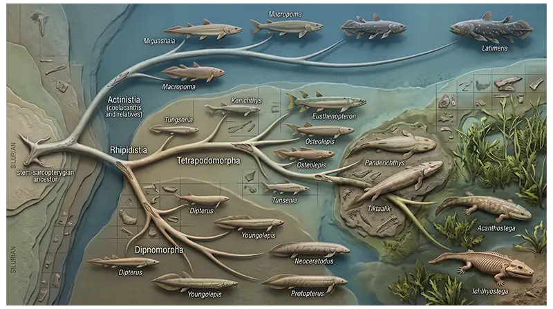Evolution of sarcopterygians through geological time showing diverse lobe-finned fish and early tetrapod relatives