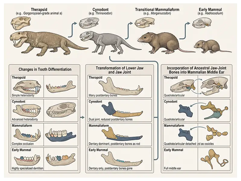 Evolutionary illustration showing therapsids, cynodonts, early mammals, and anatomical changes in the jaw and middle ear